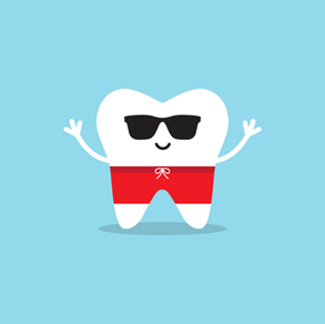 Cartoon tooth wearing sunglasses and swim trunks.